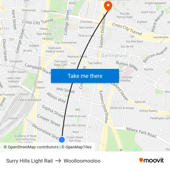 Surry Hills Light Rail to Woolloomooloo map