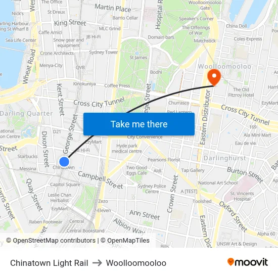 Chinatown Light Rail to Woolloomooloo map