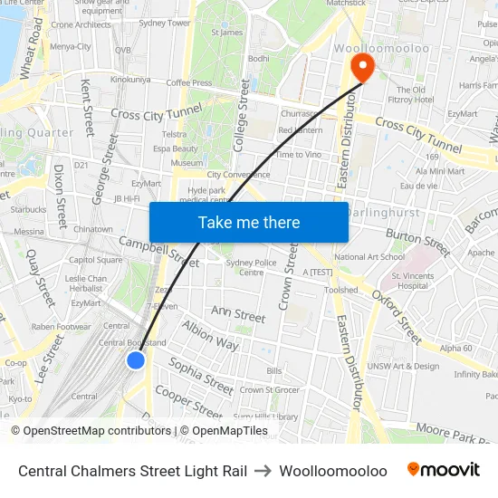 Central Chalmers Street Light Rail to Woolloomooloo map