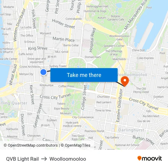 QVB Light Rail to Woolloomooloo map