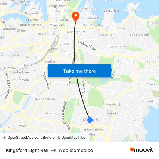 Kingsford Light Rail to Woolloomooloo map