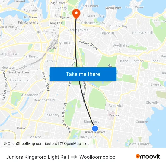 Juniors Kingsford Light Rail to Woolloomooloo map