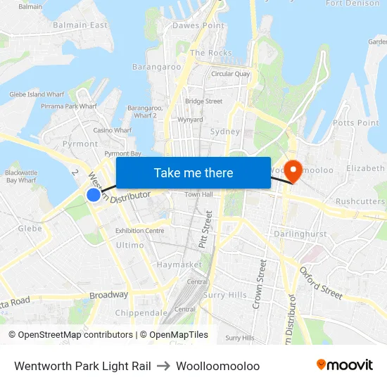 Wentworth Park Light Rail to Woolloomooloo map