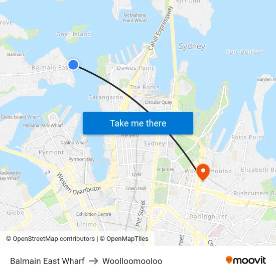 Balmain East Wharf to Woolloomooloo map
