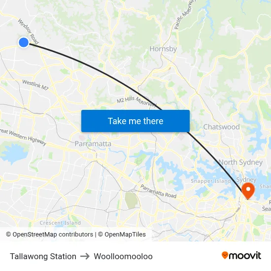 Tallawong Station to Woolloomooloo map