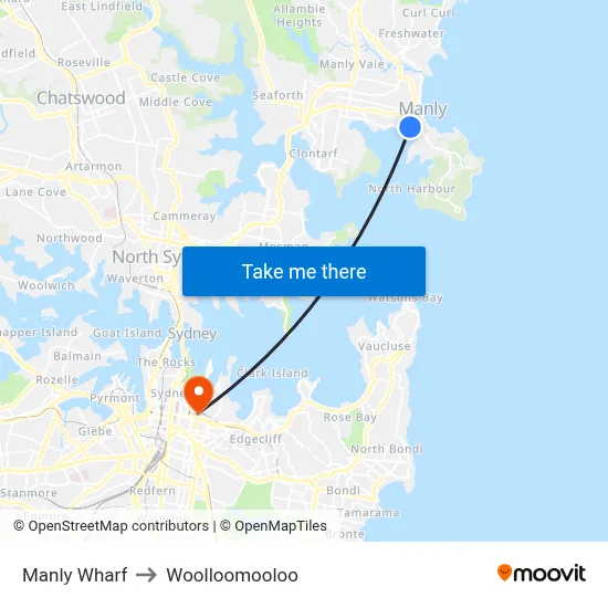 Manly Wharf to Woolloomooloo map