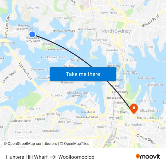 Hunters Hill Wharf to Woolloomooloo map