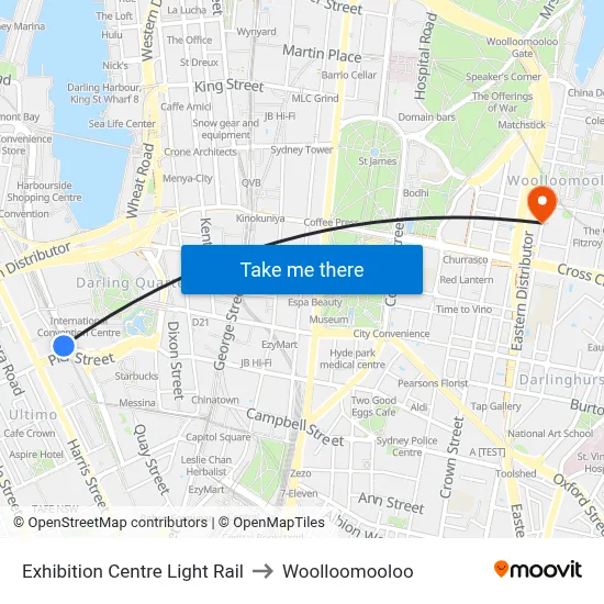 Exhibition Centre Light Rail to Woolloomooloo map