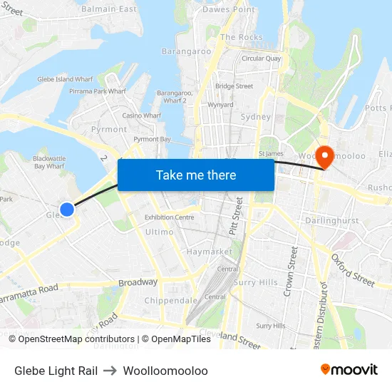 Glebe Light Rail to Woolloomooloo map