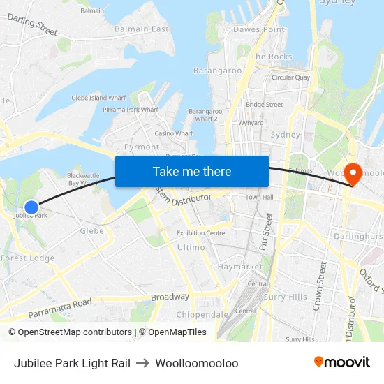 Jubilee Park Light Rail to Woolloomooloo map