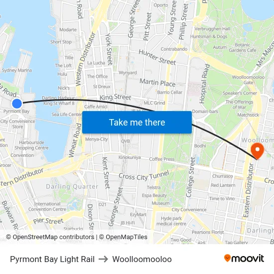 Pyrmont Bay Light Rail to Woolloomooloo map