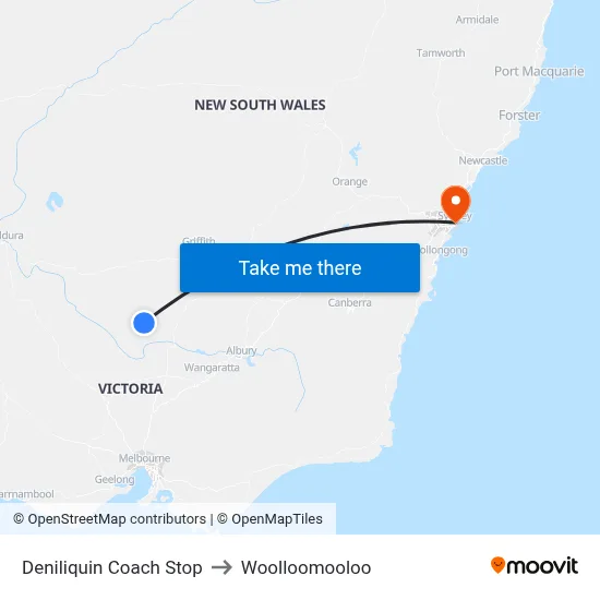 Deniliquin Coach Stop to Woolloomooloo map