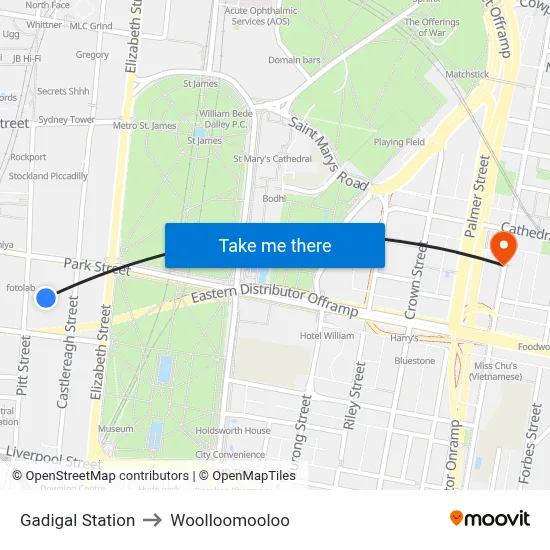 Gadigal Station to Woolloomooloo map