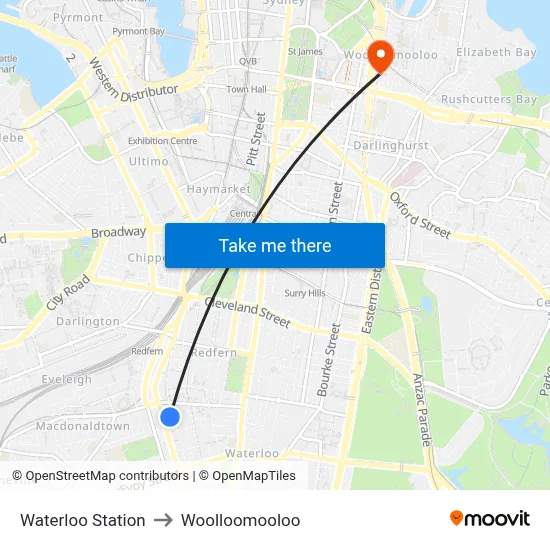 Waterloo Station to Woolloomooloo map