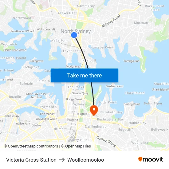 Victoria Cross Station to Woolloomooloo map