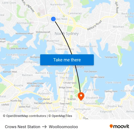 Crows Nest Station to Woolloomooloo map