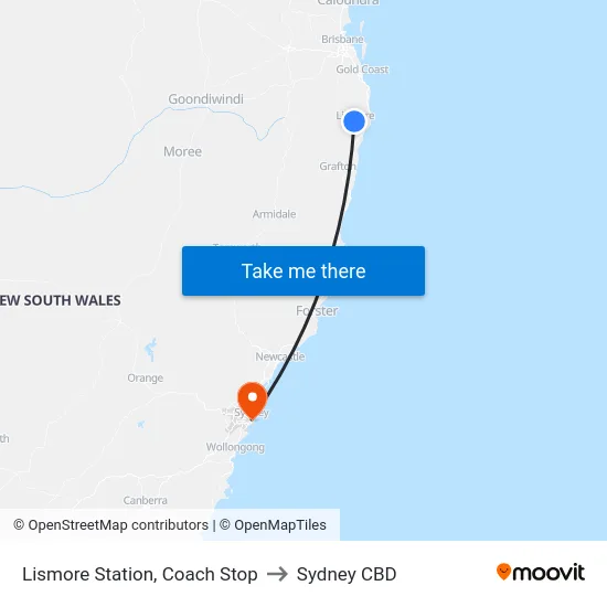 Lismore Station, Coach Stop to Sydney CBD map