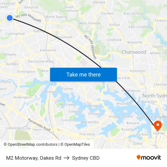 M2 Motorway, Oakes Rd to Sydney CBD map