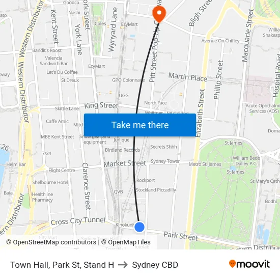 Town Hall, Park St, Stand H to Sydney CBD map
