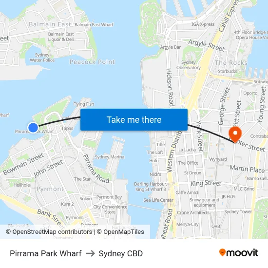 Pirrama Park Wharf to Sydney CBD map
