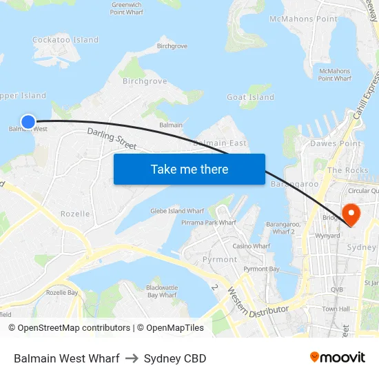 Balmain West Wharf to Sydney CBD map