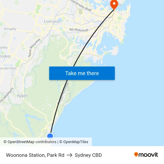 Woonona Station, Park Rd to Sydney CBD map