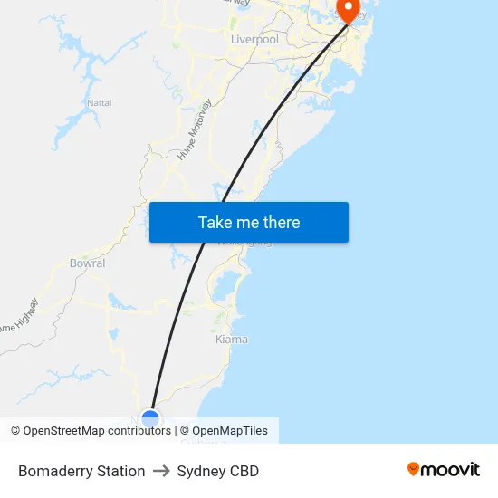 Bomaderry Station to Sydney CBD map