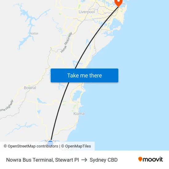 Nowra Bus Terminal, Stewart Pl to Sydney CBD map