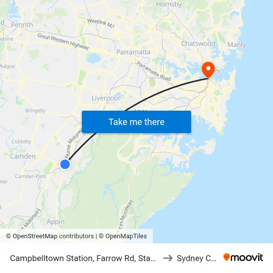 Campbelltown Station, Farrow Rd, Stand G to Sydney CBD map