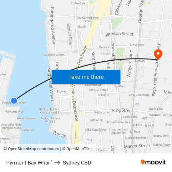 Pyrmont Bay Wharf to Sydney CBD map