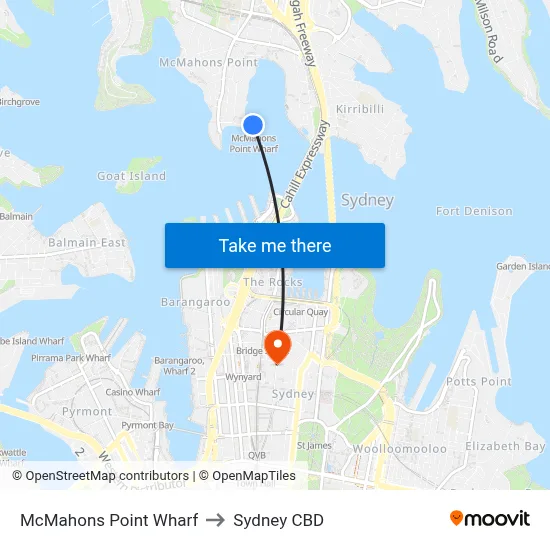 McMahons Point Wharf to Sydney CBD map