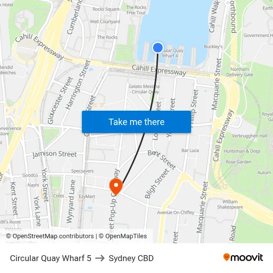 Circular Quay Wharf 5 to Sydney CBD map