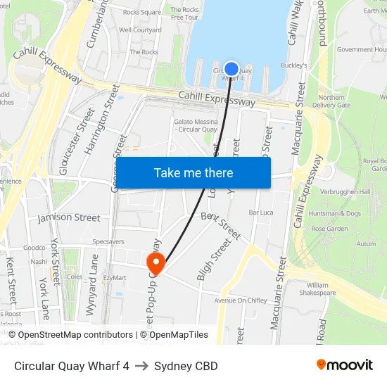 Circular Quay Wharf 4 to Sydney CBD map