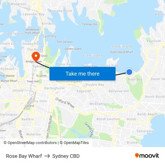 Rose Bay Wharf to Sydney CBD map