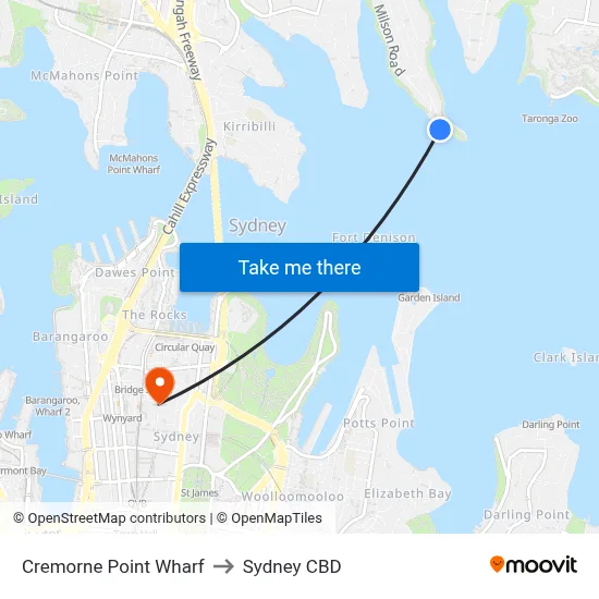 Cremorne Point Wharf to Sydney CBD map