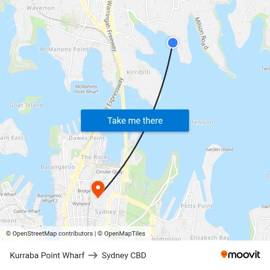Kurraba Point Wharf to Sydney CBD map
