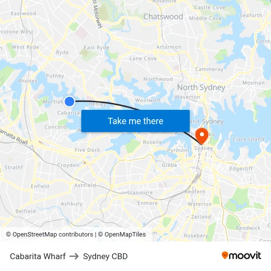 Cabarita Wharf to Sydney CBD map