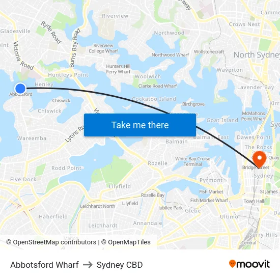 Abbotsford Wharf to Sydney CBD map
