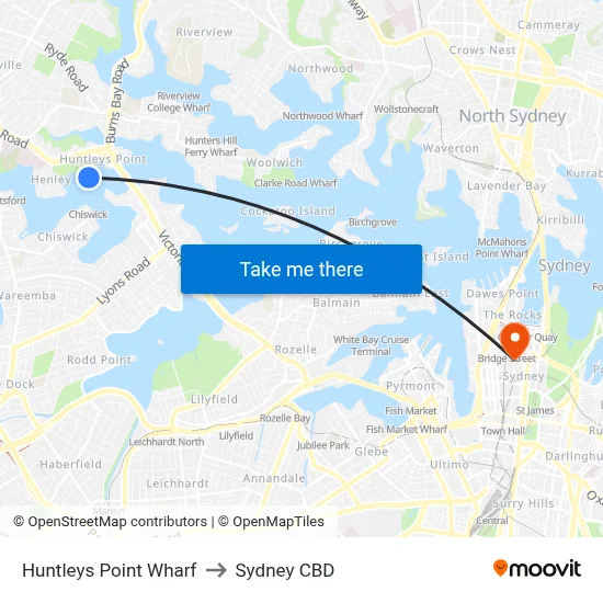 Huntleys Point Wharf to Sydney CBD map