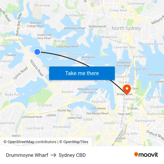 Drummoyne Wharf to Sydney CBD map