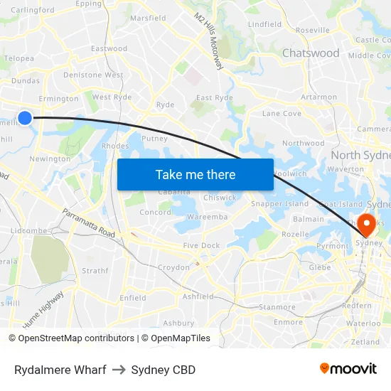 Rydalmere Wharf to Sydney CBD map