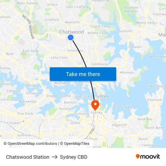 Chatswood Station to Sydney CBD map