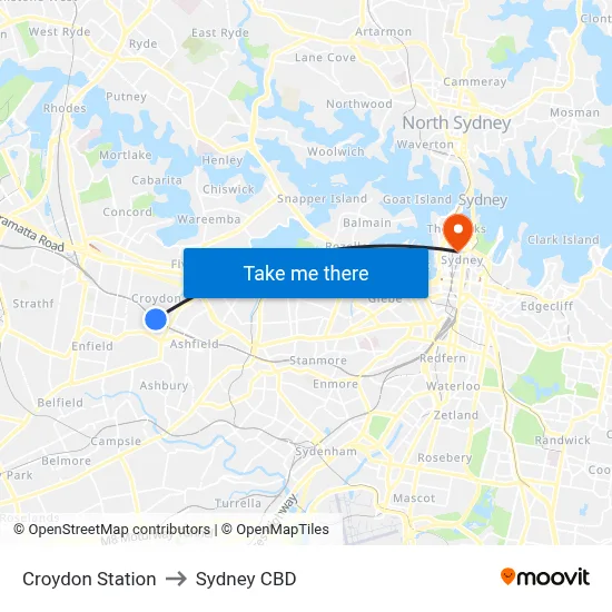 Croydon Station to Sydney CBD map