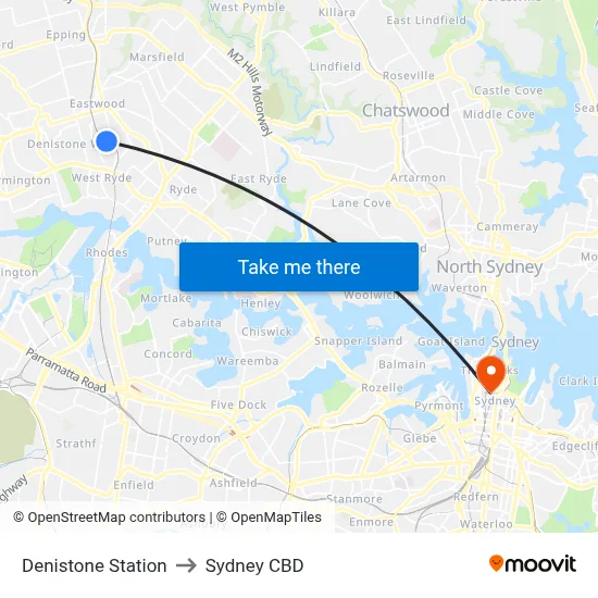 Denistone Station to Sydney CBD map