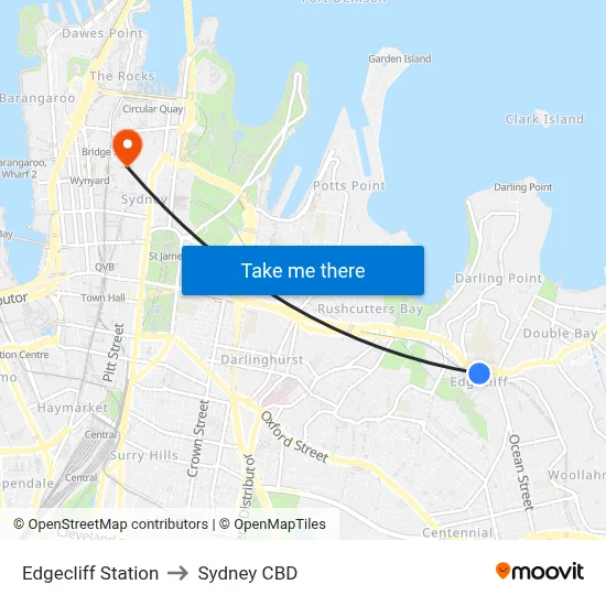 Edgecliff Station to Sydney CBD map