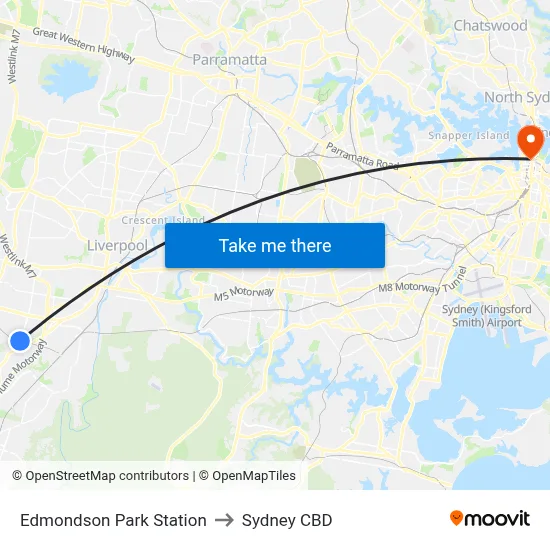 Edmondson Park Station to Sydney CBD map