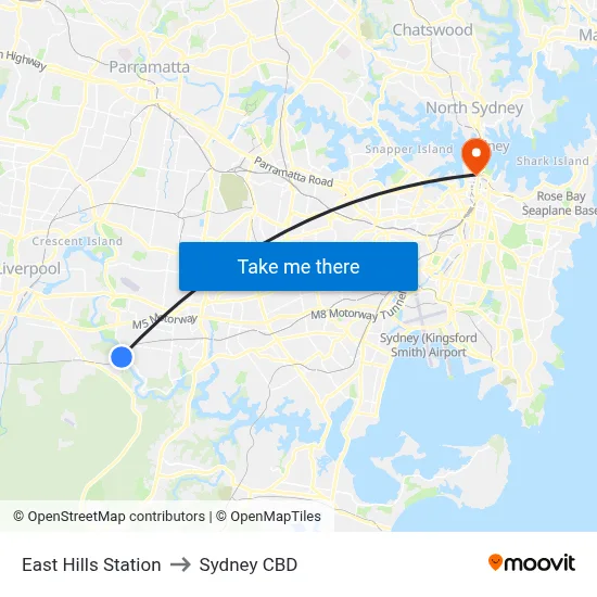 East Hills Station to Sydney CBD map