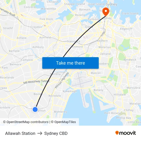 Allawah Station to Sydney CBD map