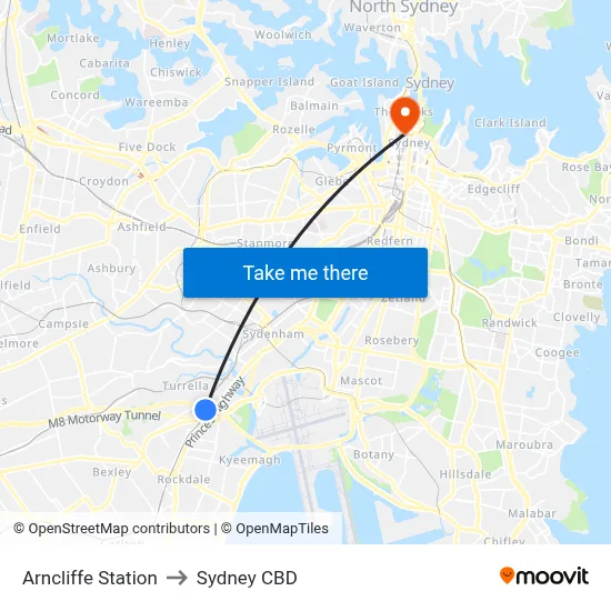 Arncliffe Station to Sydney CBD map