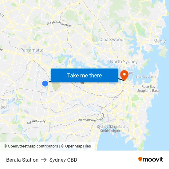 Berala Station to Sydney CBD map